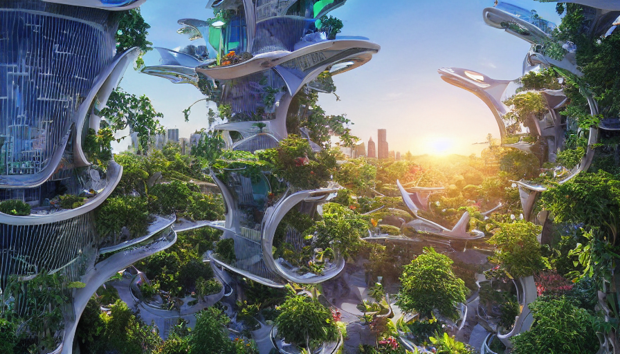 prompthunt: Sunrise over solarpunk city, vines, many trees and plants,  futuristic flying vehicles and drones, archdaily, architectural digest,  busy streets filled with people, sun rays, colorful blooming flowers,  vertical gardens, utopia, beautiful