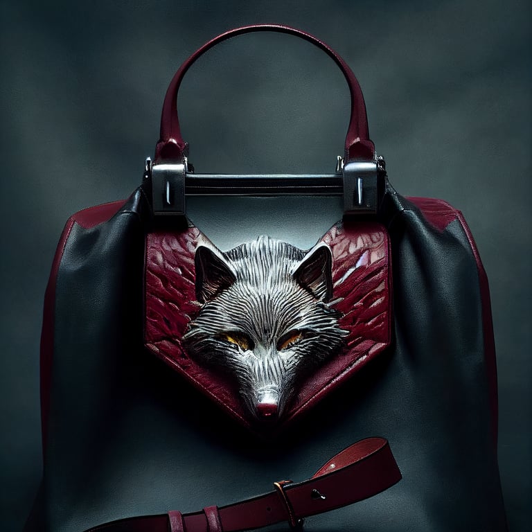 prompthunt: uxury oxblood red maison valentino leather handbag, 5 realstic  wolf heads at ends of bag, 6 cyberpunk scifi panels, colors textures and  patterns, 4.5 tech style silver metal hardware, hyper realistic,