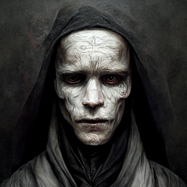 prompthunt: blind pale man, scarred face, dark hood, black robes, mystery,  fantasy, character, artwork, detailed