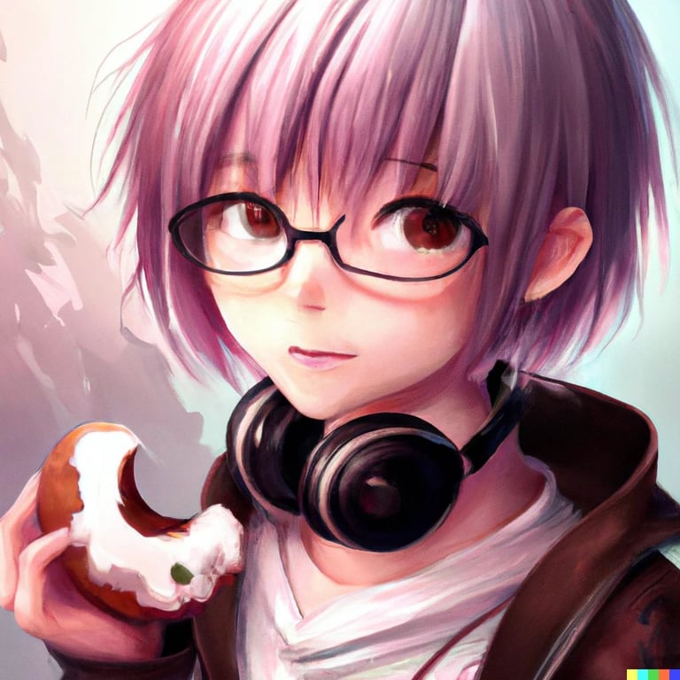 prompthunt High quality anime key visual of Yuki Nagato eating a donut