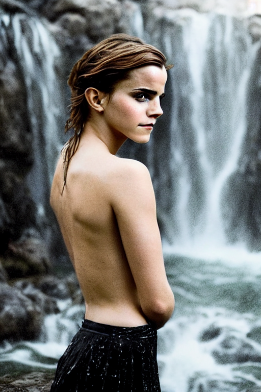 intimate photo of emma watson walking through a waterfall, portrait in the style of petter hegre, sharp details, beautiful face, pale skin, rule of thirds, cinematic lighting, rainy weather, melancholy atmosphere, sharp focus, backlit, stunning, smooth, hard focus, full body shot, instagram photo, shot on iphone 1 3 pro max, hyper realistic
