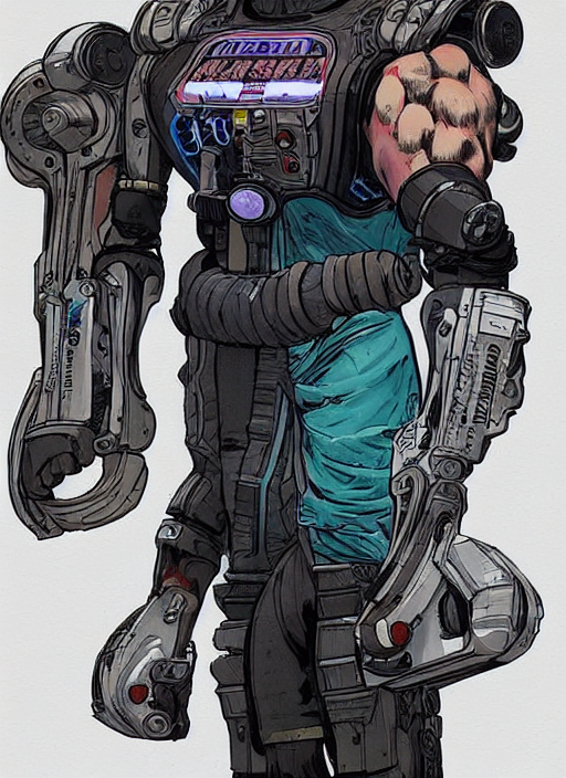 prompthunt: hector. legends cyberpunk weight lifter huge robot arms. concept art james gurney and mœbius. gorgeous face, cinematic, dramatic lighting ( cyberpunk 2 0 7 ), clean aesthetic