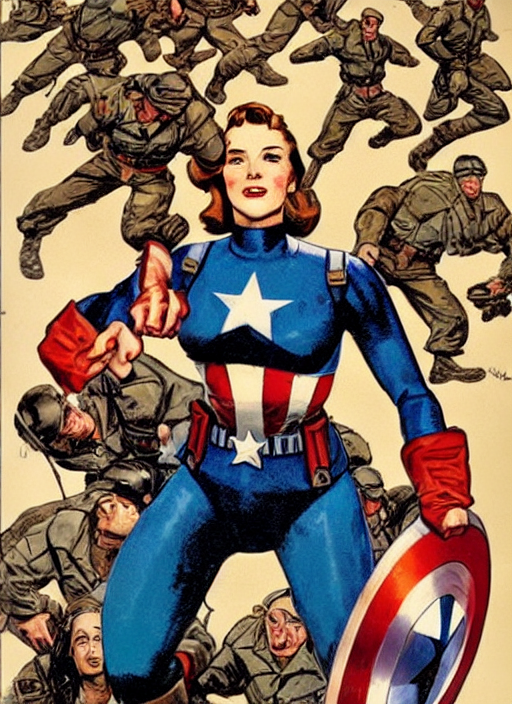 prompthunt: beautiful female captain america standing on a pile of  defeated, beaten and broken german soldiers. feminist captain america wins  wwii. american wwii propaganda poster by james gurney. gorgeous face.  overwatch. pixar.