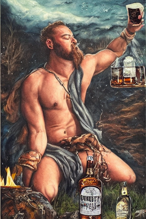 prompthunt: a dramatic, epic, ethereal painting of a !!!handsome!!! thicc  chunky beefy mischievous shirtless with a big beer belly wearing a large  belt and bandana offering a whiskey bottle | cowboy hat