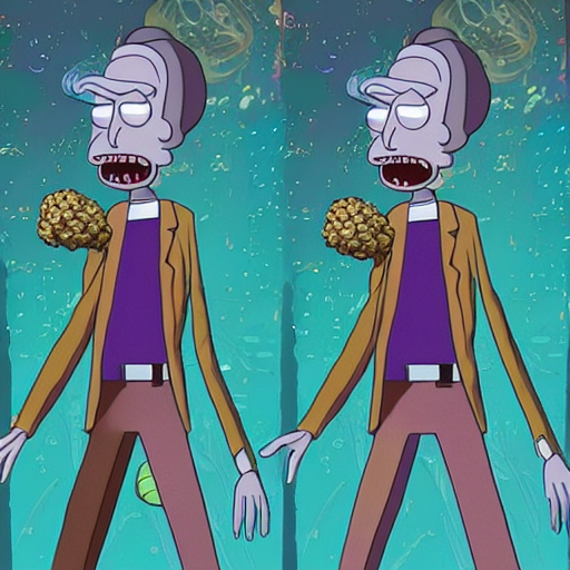 prompthunt: <<https://s.mj.run/UyNBTvviVX0>> Rick and Morty:: A facehugger  man with a cauliflower brain head, cornsmut, resplendent details, dandy,  flowerpunk victorian jacket, head-to-toe, torso, character profile image,  highly symmetrical, in the ...