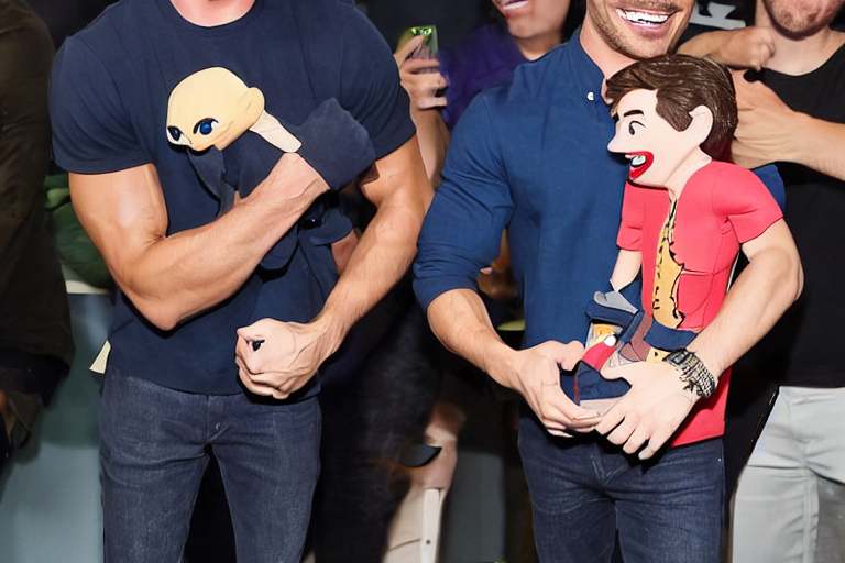 prompthunt: studio lit zac efron laughing maniacally while holding a  ventriloquist puppet of a fearful tom holland