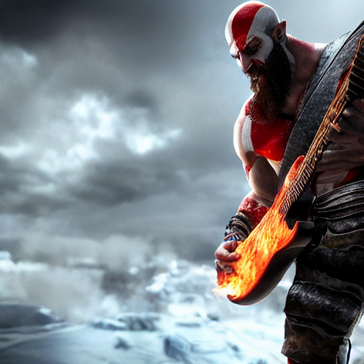 prompthunt: kratos shredding on a flaming stratocaster guitar