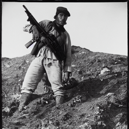 Loyalist Militiaman at the Moment of Death, Cerro Muriano, September 5, 1936 by Robert Capa, courtesy of the Metropolitan Museum of Art, white shirt, rifle, extended arms, hillslope