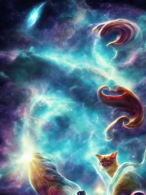 celestial epic vibrant cinematic fantasy space image of a sparkling ethereal oceanic silky cosmic universe with a galaxy cat, celestial cosmos, nasa photos, artstation