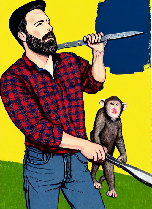 full - body portrait of ben affleck wearing checkered shirt and white cap, holding a huge monkey wrench, by billy childish, thick visible brush strokes, shadowy landscape painting in the background by beal gifford, vintage postcard illustration, minimalist cover art by mitchell hooks