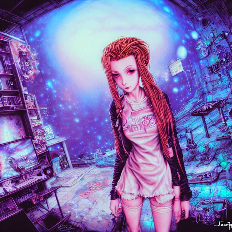 prompthunt: a photorealistic coherent image of psychotic blonde goth aerith  at the jupiter base, complex artistic color ink pen sketch illustration,  full detail, gentle shadowing, fully immersive reflections and particle  effects, concept