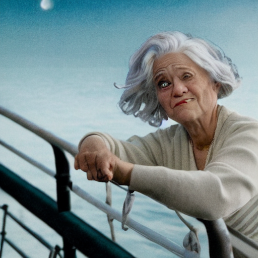 prompthunt: old woman from the movie titanic with white hair leaning over  the railing of a ship and throwing the jumanji board game overboard at  night, scene from titanic movie, film still,