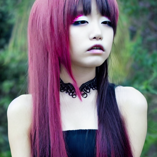 japanese girl with emo makeup and long hair, bangs
