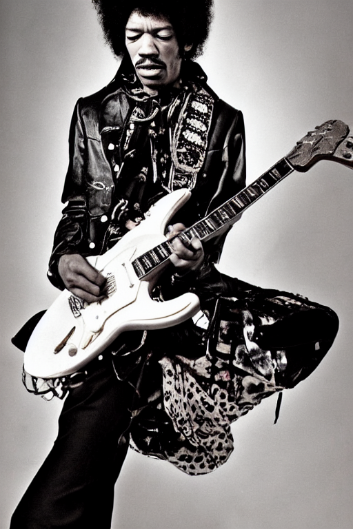 prompthunt: photo of jimi hendrix playing guitar, styled by nick knight  posing, showstudio, face close up, vogue magazine, canon, highly realistic.  high resolution. highly detailed. dramatic. 8 k. 4 k