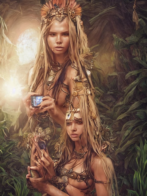 prompthunt: portrait of nata lee as a beautiful warrior goddess in a  tropical courtyard holding an iphone, decolletage, confident pose,  coherent, insane detail, concept art, character concept, cinematic  lighting, global illumination radiating