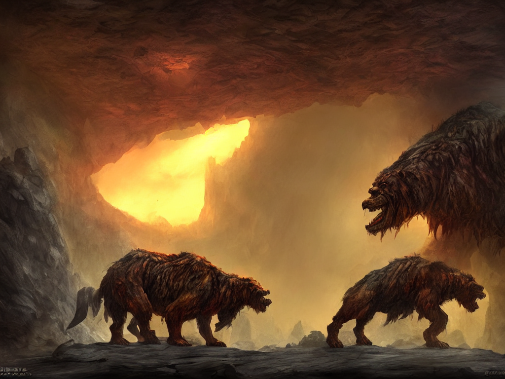 prompthunt: enormous angry prehistoric cave bear in a nightmarish  landscape, monster concept art, matte painting, trending on artstation,  dynamic lighting, vibrant colors, digital painting, promotional art.