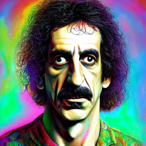 An extremely psychedelic portrait of Frank Zappa, surreal, LSD, face, detailed, intricate, elegant, lithe, highly detailed, digital painting, artstation, concept art, smooth, sharp focus, illustration