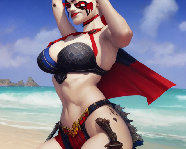 prompthunt: photography of harley quinn in bikini at the beach, deep focus,  d & d and mtg, fantasy, intricate, elegant, highly detailed, digital  painting, artstation, concept art, matte, sharp focus, illustration,  hearthstone,