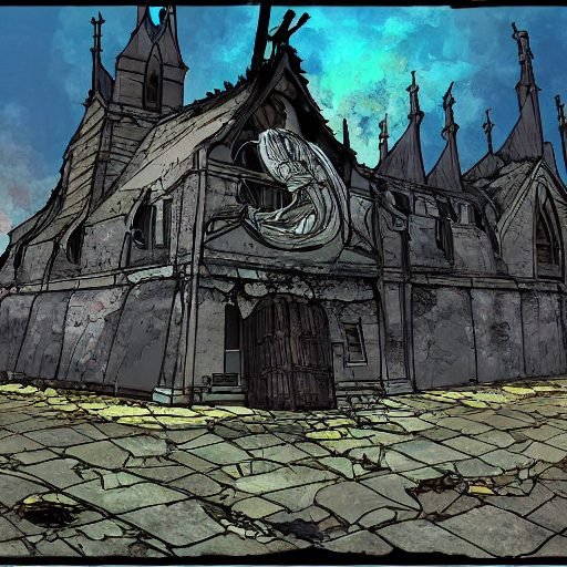 prompthunt a burnt out church, manga, anime, 2 d animation, cel