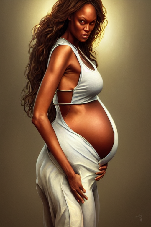 prompthunt: pregnant tyra banks in a tank top, realistic portrait,  symmetrical, highly detailed, digital painting, artstation, concept art,  smooth, sharp focus, illustration, cinematic lighting, art by artgerm and  greg rutkowski and alphonse
