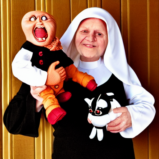 prompthunt: a nun in church holding chucky the evil killer doll on her lap