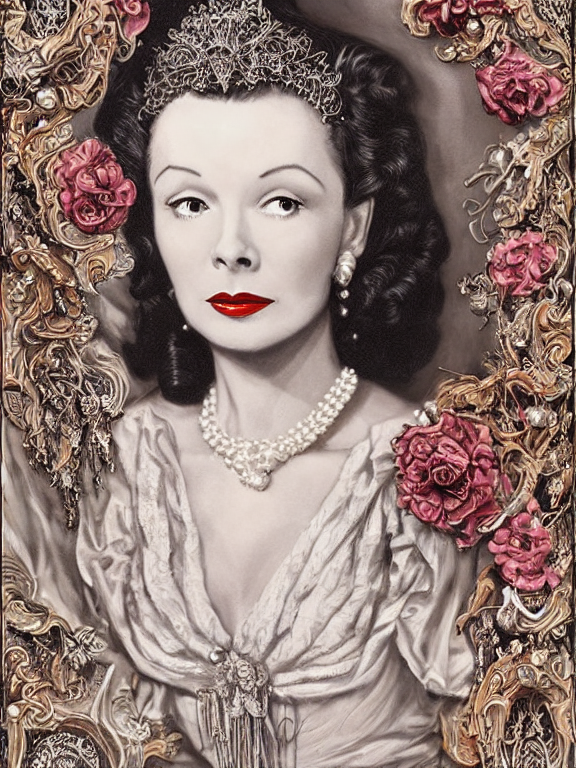 a beautiful portrait render of Vivien Leigh who has baroque dramatic headdress with intricate fractals of flowers and tassels made of pearl,by Daveed Benito and Billelis and aaron horkey and peter gric,trending on pinterest,rococo,VOGUE,hyperreal,jewelry,ruby,gold,feminine,maximalist