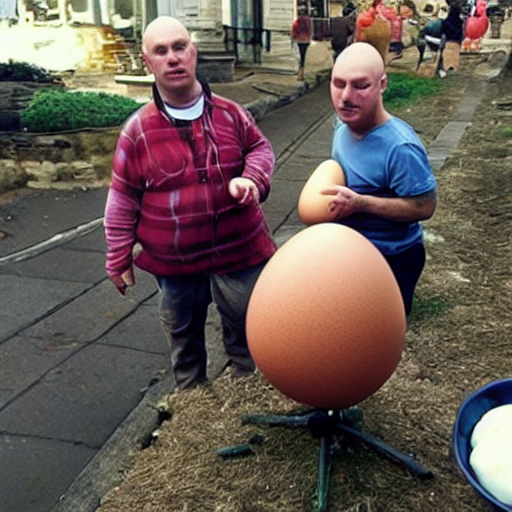 prompthunt: man cries while holding giant egg sitting on the