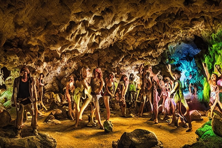 prompthunt: Stone Age rave in a cave, I’m the style of Peter Goodfellow