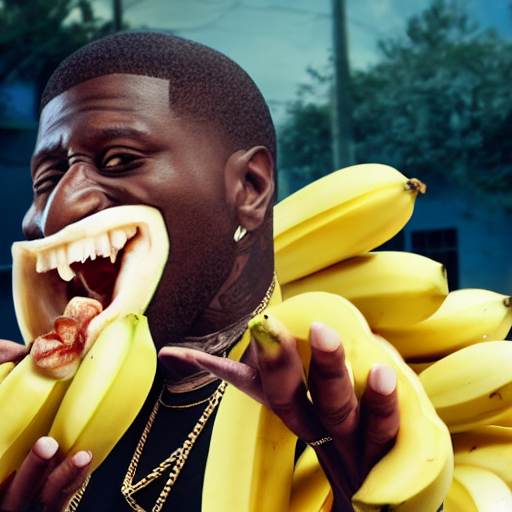 prompthunt: angry gucci mane eating bananas and terrorizing people in the  hood, 8k resolution, full HD, cinematic lighting, award winning,  anatomically correct