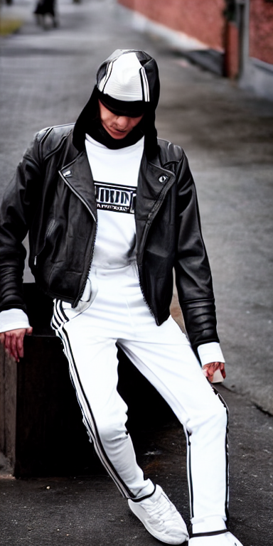 russian gopnik black leather jacket and white Adidas pants. extreme long shot, midday