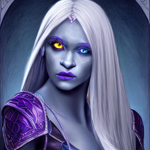 portrait of a female fantasy drow, dark elf, with large blue eyes, dark purple skin, large pointed ears, and medium-length silver hair, realistic, d&d character art