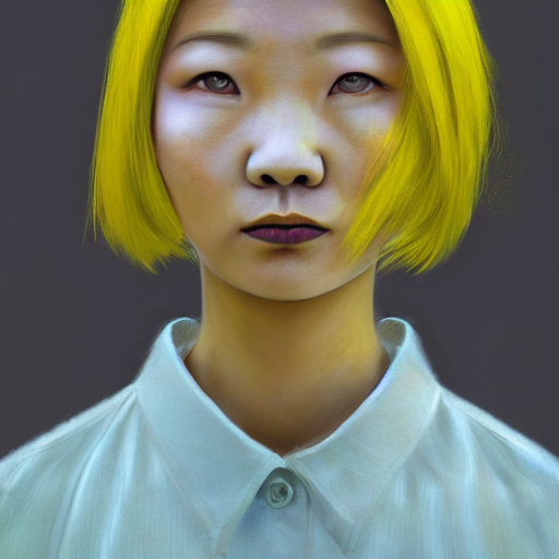 portrait of a splendid sad north korean woman from scary stories to tell in the dark in ibiza, spain with pearlescent skin and cyber yellow hair stronghold in the style of chalks by andre kohn, trending on 5 0 0 px : : 5, hdr, 8 k resolution, ray traced, screen space ambient occlusion : : 2, true blue color scheme