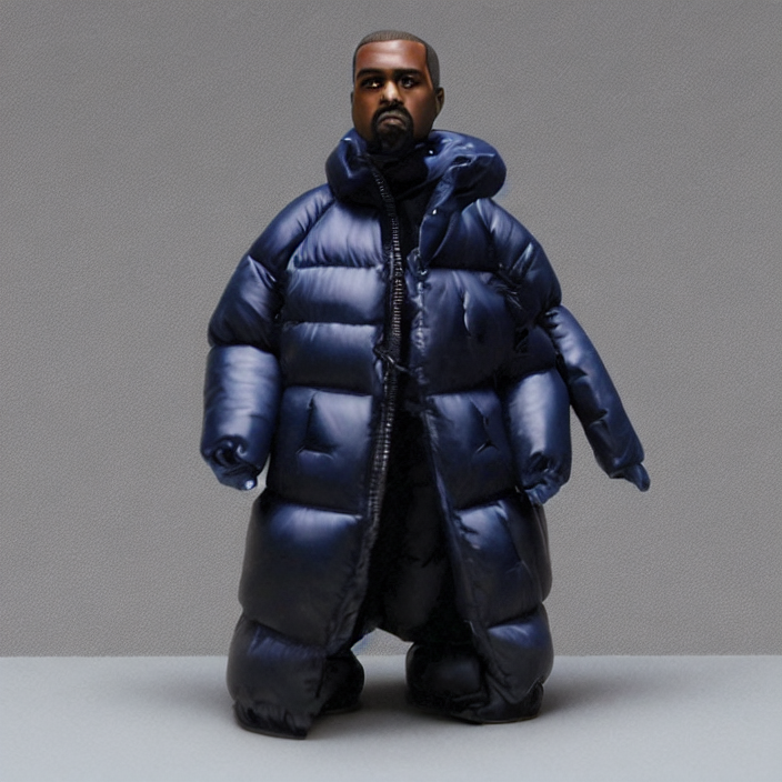 prompthunt: a action figure of kanye west using full face - covering black  mask with small holes. a small, tight, undersized reflective bright black  round puffer jacket made of nylon. a shirt