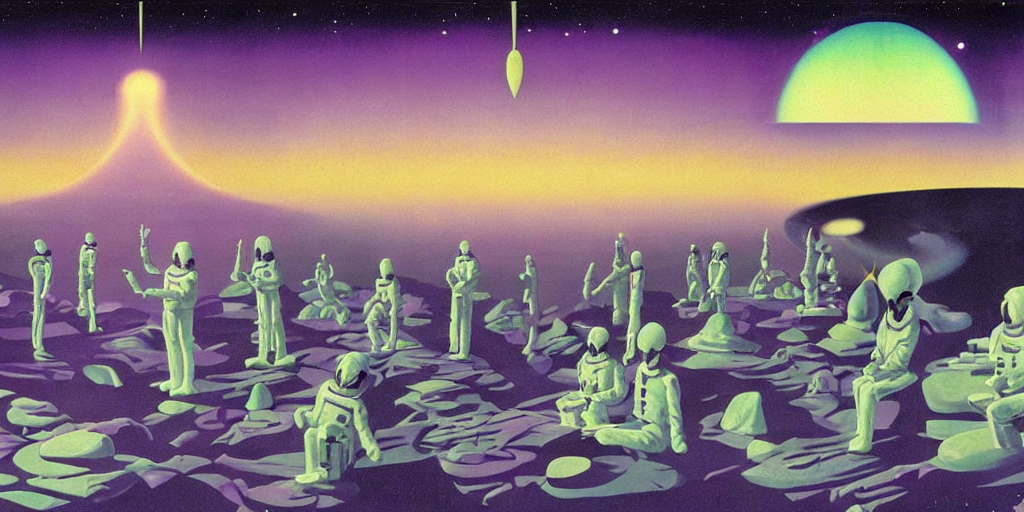 surreal painting by chesley bonestell!!, twelve astronauts sitting by the river with a big holiday cake + psychedelic vegetation + purple, pink, blue + planets and stars + mystical fog, vintage sci - fi style of the 5 0 s, rule of the third!!!!, line graphics, 8 k, super detail, high quality