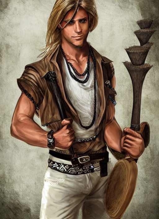 prompthunt: a male ranger, dnd, wearing a leather vest and white linen  pants, puka shell necklace, long swept back blond hair, with a bongo drum  and nunchucks, chiseled good looks, digital art