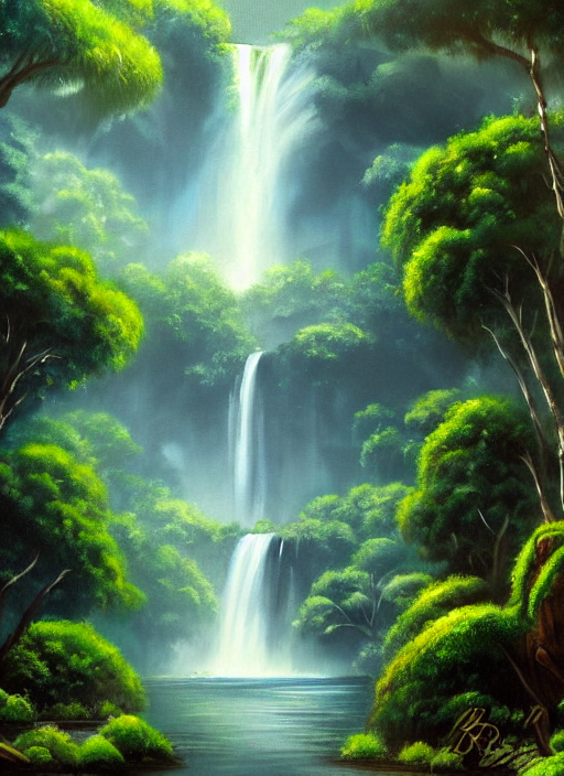 a painting of a waterfall in the jungle, a detailed matte painting by bob ross, deviantart, fantasy art, matte painting, detailed painting, 2 d game art