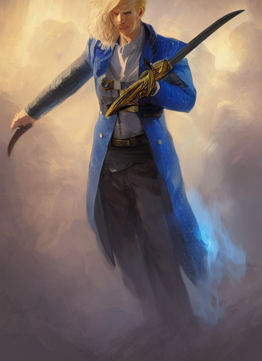 prompthunt: portrait of a man in a blue suit with blond hair holding a  sword and pistol in holster, fantasy, d & d, heartstone, digital painting,  volumetric light, intricate, sharp, focus, bloom,