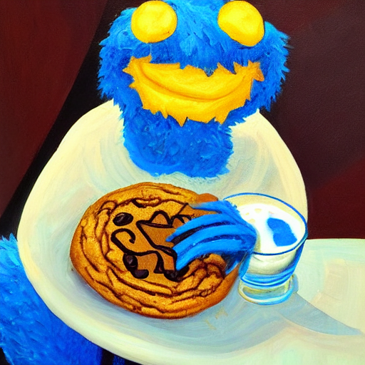 prompthunt: a cafe painting of cookie monster eating a cookie with a glass  of milk
