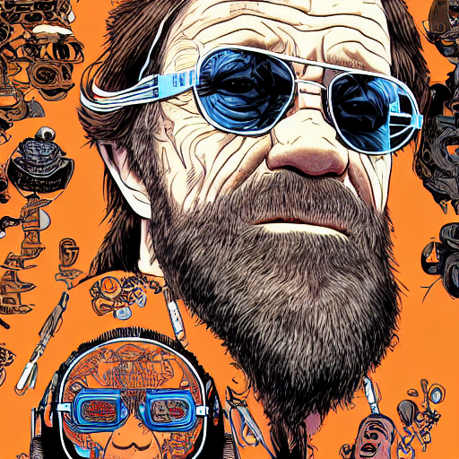 prompthunt: hyper detailed comic illustration of Chuck Norris as an old man  with long white hair and a beard, futuristic sunglasses and a gorpcore  jacket, tattoo on his face, by Josan Gonzalez