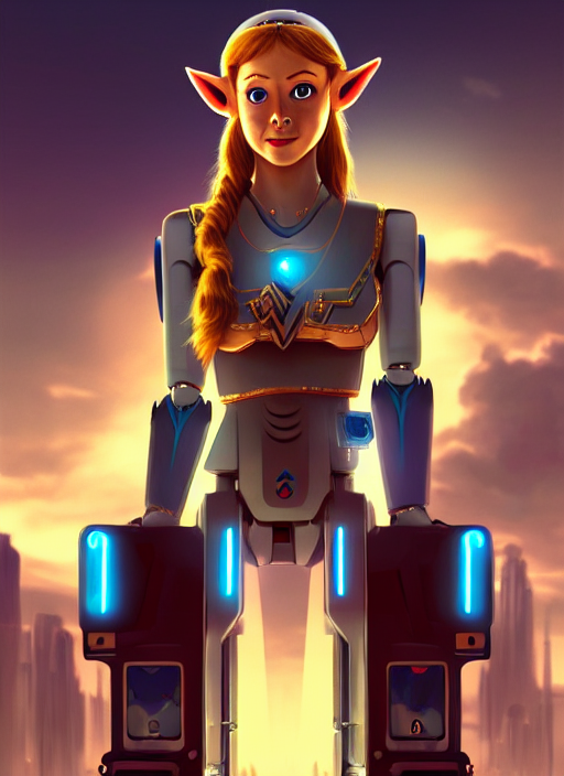prompthunt: portrait of zelda talking to a robot in a futuristic city in  the year 2 4 7 6, highly detailed, fantasy style, artstation, 8 k