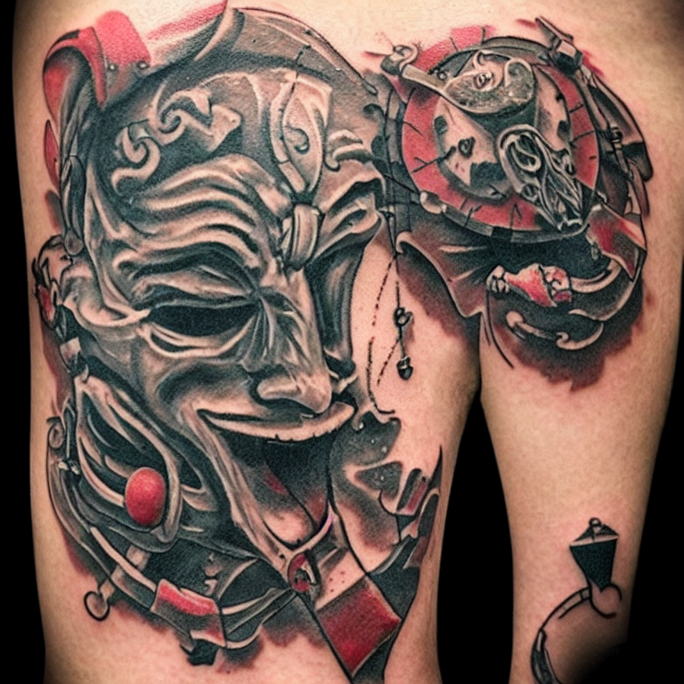 “jester mask, tattoo in a tornado”