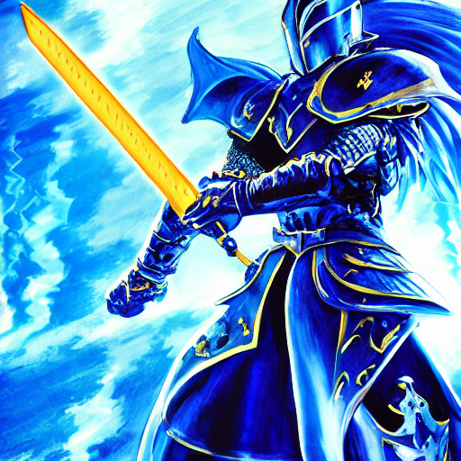 fantasy knight in blue armor with a golden sword driving a green hatchback car with a dragon blowing fire above, manga, Yusuke Murata, artstation, 8k