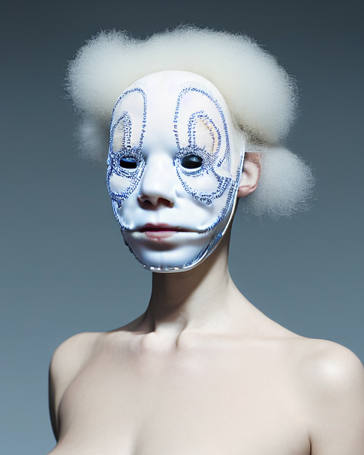 prompthunt: portrait of a woman wearing a white embroidered translucent  silicone mask and white blue frizzy hair buns, wearing a black bodysuit by alexander  mcqueen, cream white background, soft diffused light, biotechnology,