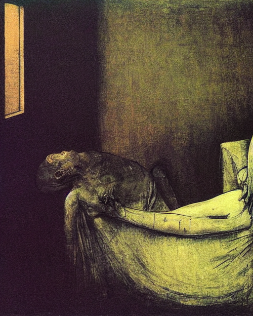 an old dead person sitting on an old couch in an old apartment with woman on the floor,  Francisco Goya painting, part by Beksiński and EdvardMunch. art by Takato Yamamoto, Francis Bacon masterpiece