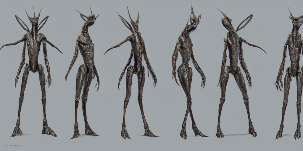 a humanoid mantis alien creature, character design sheet, detailed concept art by fortiche, masterpiece