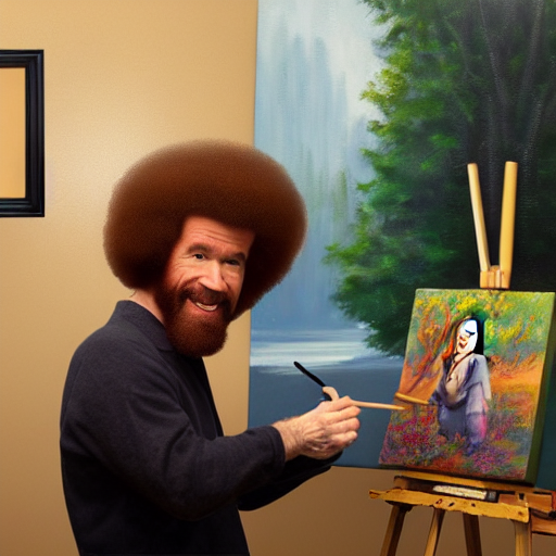 prompthunt: a painting of Bob Ross sitting in front of an easel painting a  picture of Bob Ross sitting at a table painting a picture of Bob Ross  eating an apple, painted