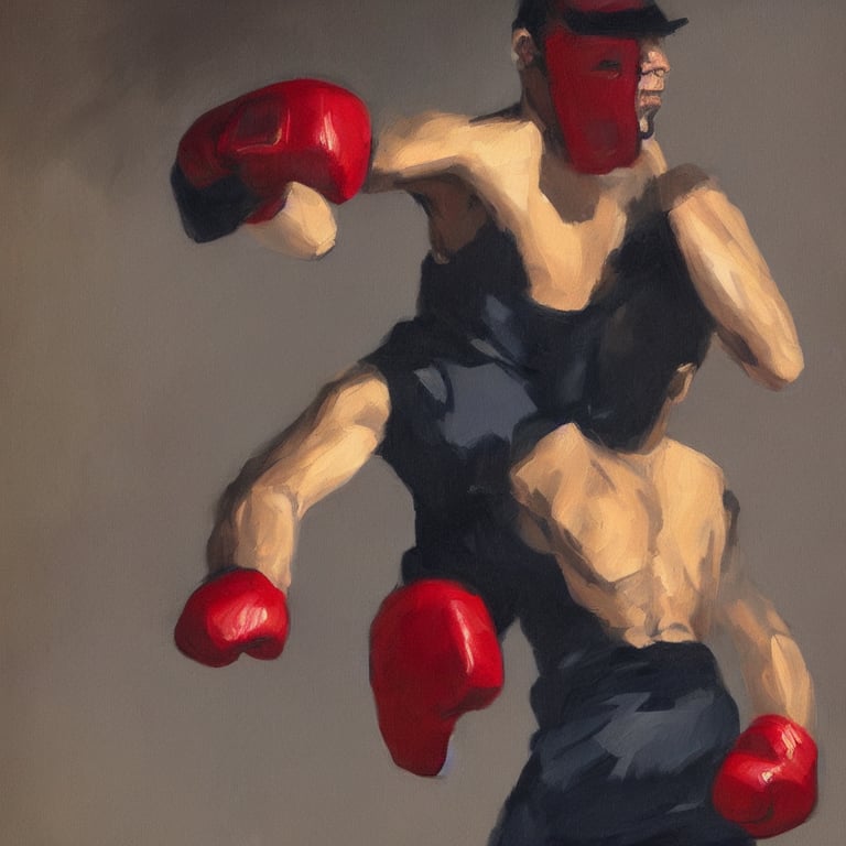prompthunt: a portrait of of boxing man, in the style of edward hopper, in  the style of max ginsburg, realism, very small brushstrokes, cinematic  lighting, moody, very aesthetic, 4 k,