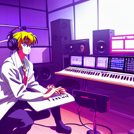 prompthunt: An anime character working in their music studio. 90s anime,  Sailor Moon, Neon Genesis, official art, flat cell shading, fantastic  screenshot art, trending on artstation