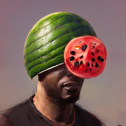 front portrait of a funny looking not smiling black guy with a watermelon fruit helmet that covers only the top of his head by greg rutkowski