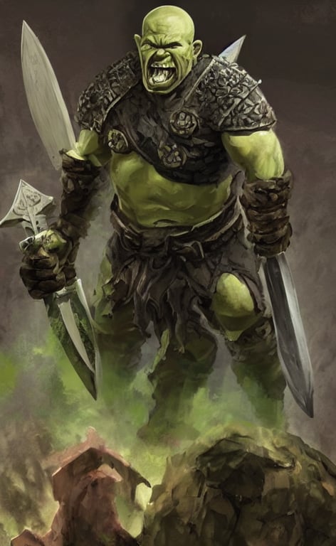 A bald, half orc berserker his skin with a greenish tint covered in scars with crude leather armor dual wielding a battle axe and a war hammer. A half grin on his face